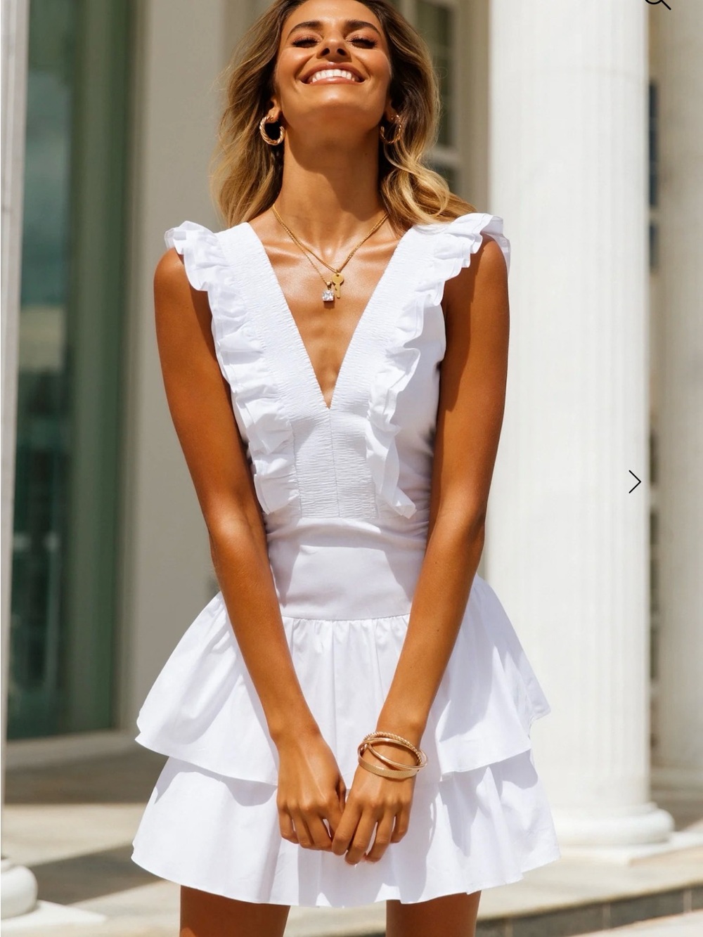 Hello Molly Harper white, ruffle mini dress